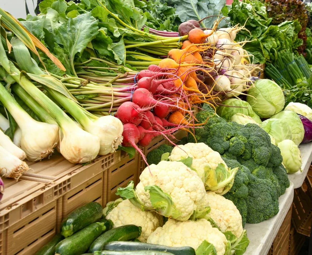 Marktstand mit Radieschen, Frühlingszwiebeln, Blumenkohl und Brokkoli